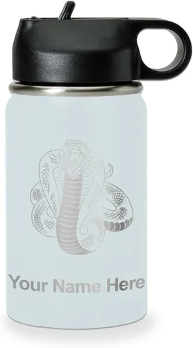 Vista 65 de LaserGram Botella de agua personalizada, serpiente de cobra, acero inoxidable de doble pared aislada al vacío con popote superior, regalo grabado