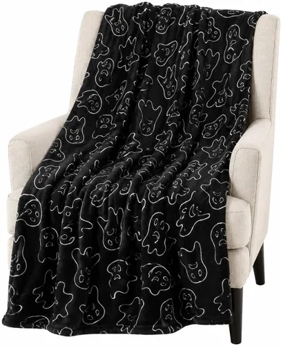 Vista 14 de Manta de forro polar de Halloween, murciélagos negros sobre fondo naranja, 50 x 70 pulgadas Ultra-soft cozy flannel fleece, for sofa couch bed
