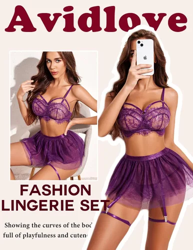 Vista 4 de Avidlove Lencería de encaje para mujer, minifalda de malla, ropa de noche, babydoll