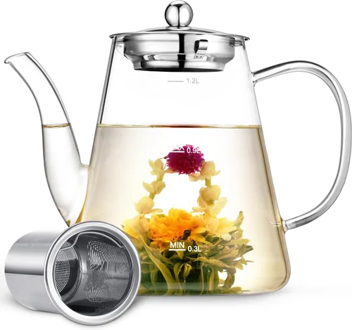 Vista 9 de Tetera de vidrio, Zpose 1200 ml/40 oz de tetera con infusor de acero inoxidable extraíble, tetera de vidrio transparente con línea de escala, tetera