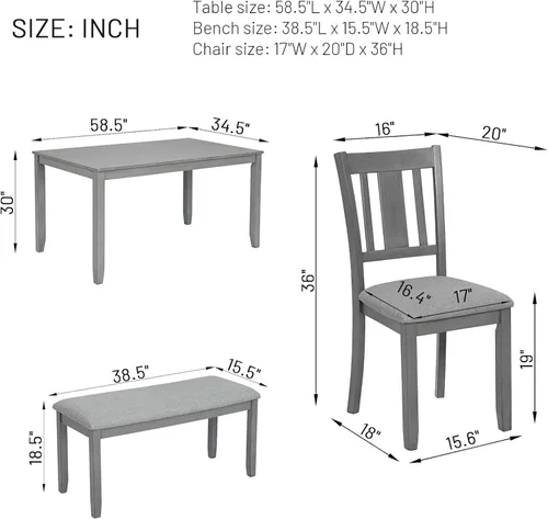 Vista 2 de Elegante juego de mesa de comedor de madera de 6 piezas con 4 sillas de respaldo de listones y un banco, juego de mesa de comedor de cocina para 6