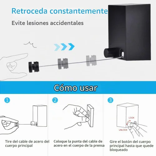 Vista 2 de Tendedero retráctil, cuerda de ropa ajustable para interiores y exteriores con funda ABS + aluminio, cuerda de secado de lavandería montada