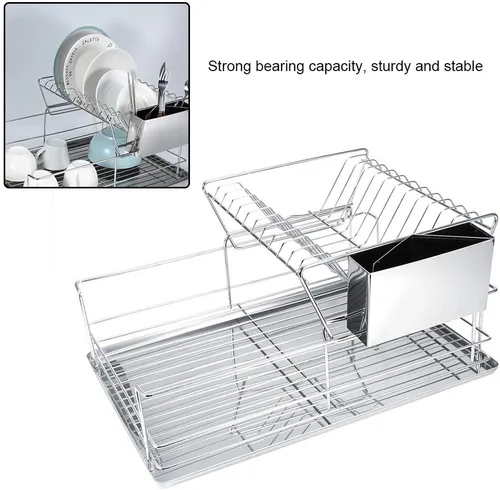 Vista 5 de Escurridor de platos, escurridor de platos de 2 niveles con escurridor, escurridor de platos de acero inoxidable con soporte para cubiertos