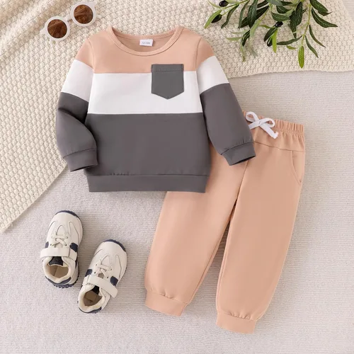 Vista 38 de Ropa de otoño e invierno para bebé, trajes de niño pequeño, sudadera de manga larga, sudadera de retazos y pantalones, 2 piezas, 12 meses a 5 años