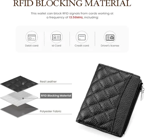 Vista 4 de befen Cartera delgada de cuero auténtico con RFID, billetera de dos pliegues para mujer con bolsillo con cremallera y llavero, Negro, Talla única