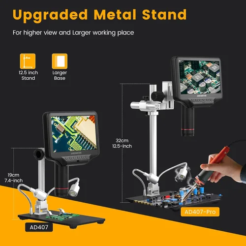 Vista 2 de Andonstar AD407 Pro 2160P 3D HDMI 4MP Microscopio digital, microscopio de soldadura Pro Metal Stand, 7 "LCD USB Microscopios electrónicos Cámara