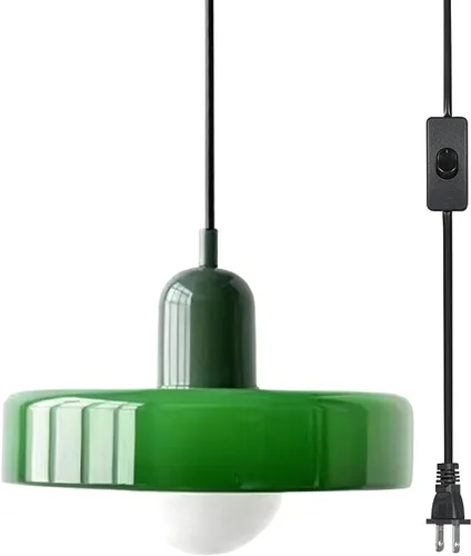 Vista 14 de Lámpara colgante de cristal vintage para isla de cocina, lámpara colgante enchufable con pantalla de vidrio blanco leche, cable enchufable, moderna
