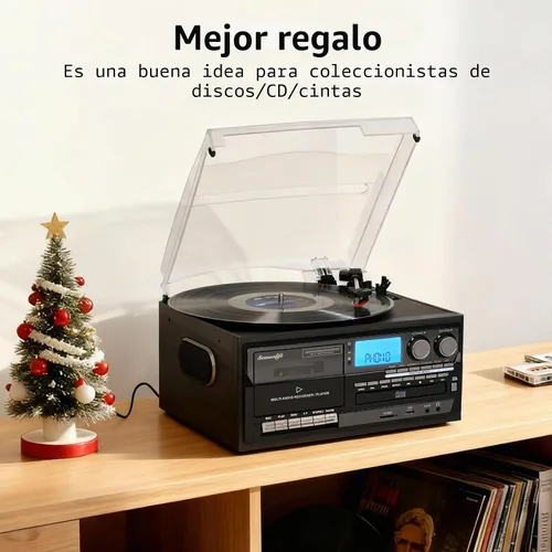 Vista 7 de Seasonlife® Tocadiscos de vinilo 10 en 1, tocadiscos vintage, madera retro Madera negra