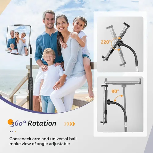 Vista 4 de Aureday Soporte de Piso para iPad, Soporte Trípode para iPad de Altura Ajustable de 67", Soporte para Tablet con Soporte Extensible para iPad mini