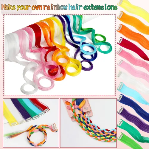 Vista 4 de Extensiones de cabello de colores, 12 piezas de 20 pulgadas, extensiones de cabello con clip de color azul T, arco iris, para fiesta, largo