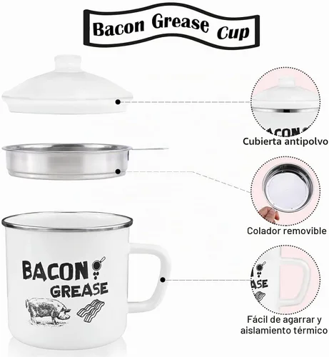 Vista 2 de Recipiente de grasa de tocino de 1.5 L con colador, recipiente grande de 46 onzas de esmalte rústico con tapa y cuchara, protector de grasa