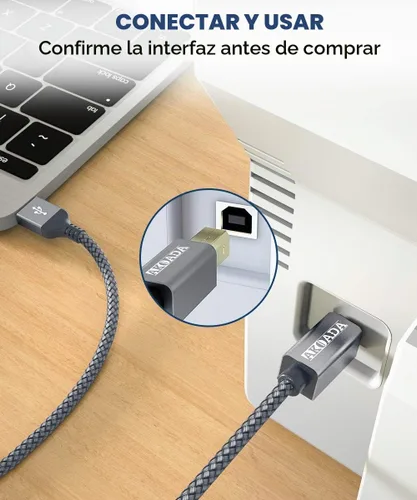 Vista 3 de AkoaDa Cable de impresora USB 2.0 tipo A macho a B macho de alta velocidad compatible con HP, Canon, Dell, Epson, Lexmark, Xerox, Samung y más Gris