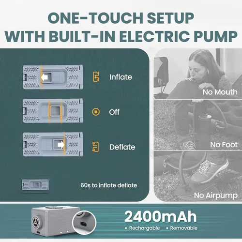 Vista 4 de Colchoneta de dormir doble para acampar con bomba eléctrica, 3.15 pulgadas de grosor para 2 personas, autoinflable, espuma viscoelástica