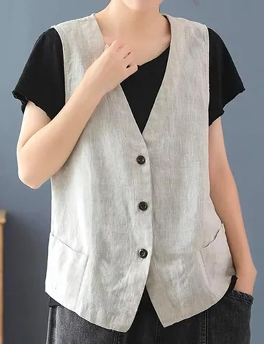 Vista 2 de IDEALSANXUN Chaleco de lino de algodón para mujer, casual, sin mangas, chaqueta ligera