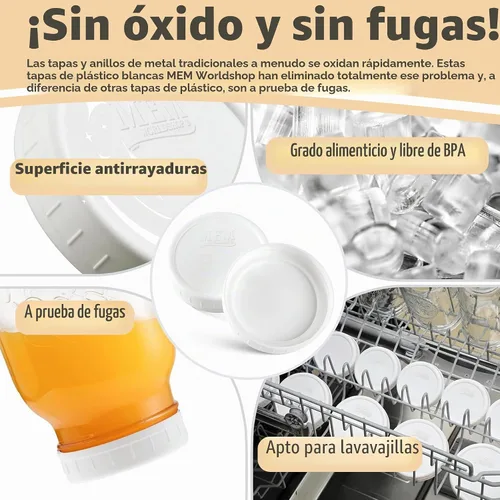 Vista 2 de Tarros Mason de boca ancha de 16 onzas – (paquete de 2) – Tarros de boca ancha de 16 onzas con tapas de plástico blancas M.E.M para almacenamiento