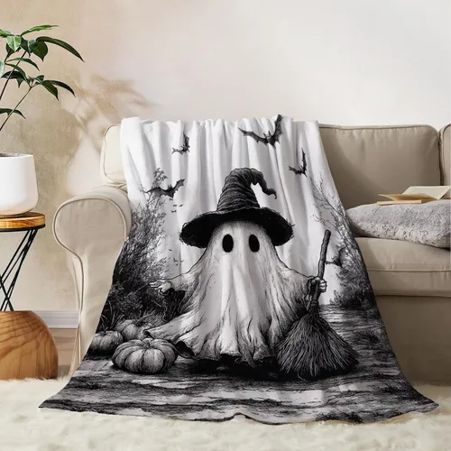 Vista 12 de YeeJu Manta de Halloween pequeña de fantasma espeluznante negro, manta de Halloween para bebé, manta acogedora suave y ligera de felpa de forro