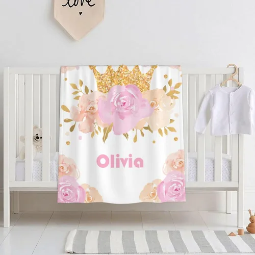 Vista 2 de Manta personalizada con nombre, manta de bebé súper suave con nombre, flor y corona, regalos para bebés y niñas, adecuada para recién nacidos