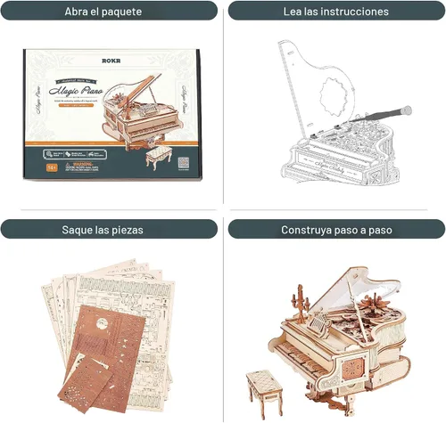 Vista 4 de ROKR Rompecabezas de madera 3D para adultos, 223 piezas, kit de modelo de piano a escala 1:20, rompecabezas de construcción, caja de música