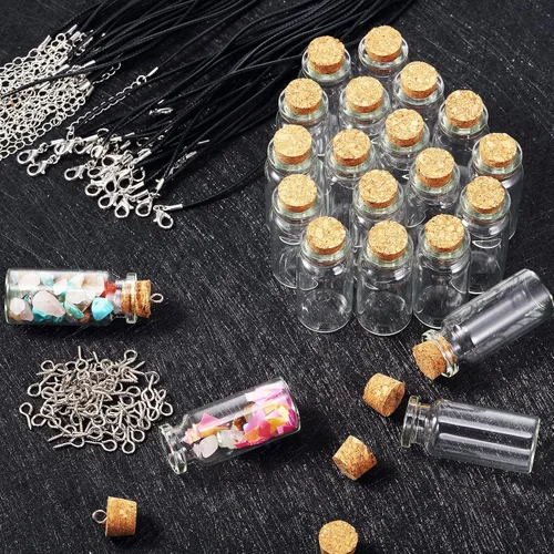 Vista 5 de Sawysine Juego de 50 mini botellas de vidrio de 0.3 fl oz con collar de corcho, frasco pequeño de botella de deseos, cordón encerado, tornillos