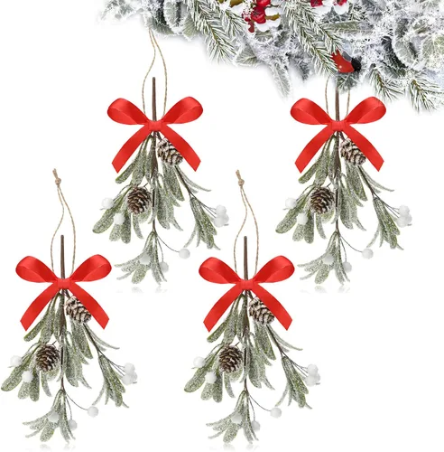Vista 12 de Giegxin 1 pieza Adorno de Navidad Artificial de Muérdago Colgante con Lazo Rojo Bouquet de Adornos Colgantes de Navidad Floral con Piñas Naturales