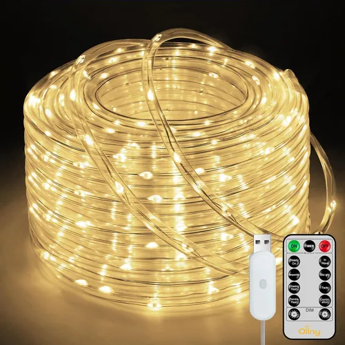 Vista 10 de Ollny Cuerda de luces solares para exteriores, 33 pies, 100 luces LED de color blanco cálido con control remoto, 8 modos de luz impermeable
