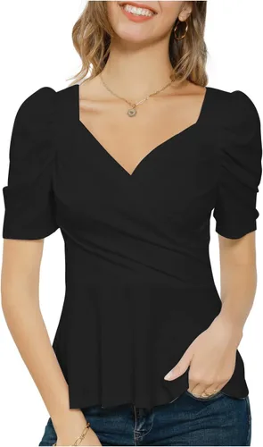 Vista 3 de GRACE KARIN Blusas de verano para mujer, elegante blusa con cuello en V y manga corta abombada