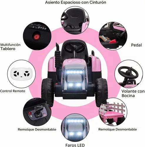 Vista 3 de Nasitip Tractor eléctrico con batería de 12 V con remolque y control remoto Rosa
