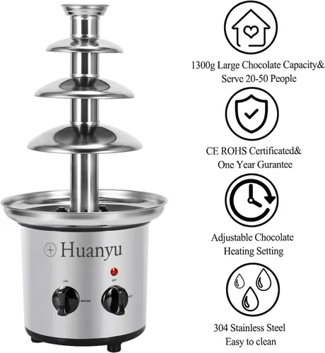 Vista 5 de Huanyu Fuente de fondue de chocolate de acero inoxidable pequeña torre de 4 niveles de altura 17.7 in para celebración/boda/cumpleaños/Navidad (220V)