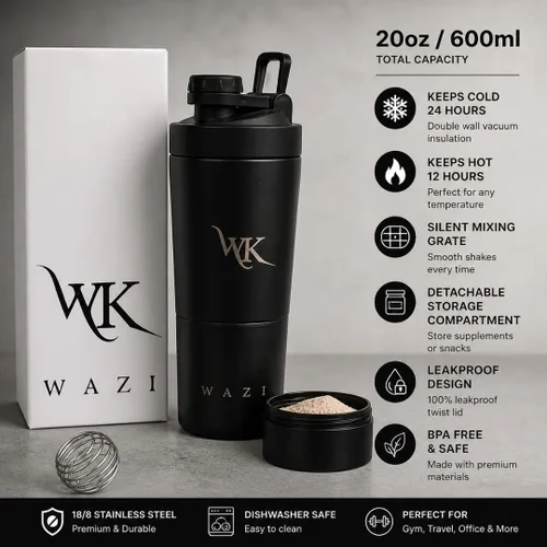 Vista 7 de WAZI Klean - Botella agitadora aislada de acero inoxidable de 20 onzas / 20.3 fl oz con compartimento de almacenamiento, tapa de mezcla silenciosa a