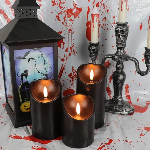Vista 4 de Velas de pilar sin llama negras con temporizador de 6H, alimentadas por batería AAA, mecha y cera reales, velas LED parpadeantes con tema