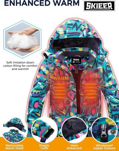 Vista 5 de Skieer Chaqueta de esquí para mujer, impermeable, resistente al viento, chaqueta de snowboard cálida con capucha para invierno