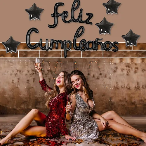 Vista 3 de Cartel de globos de Feliz Cumpleanos con 5 globos de estrella temática de fiesta