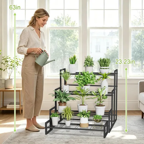 Vista 7 de VyGrow Soporte para plantas, soporte apilable para plantas de 4 niveles, estante escalable resistente para plantas altas para interiores y negro