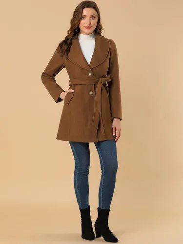 Vista 3 de Allegra K Abrigo largo con cinturón de invierno con cuello de chal para mujer