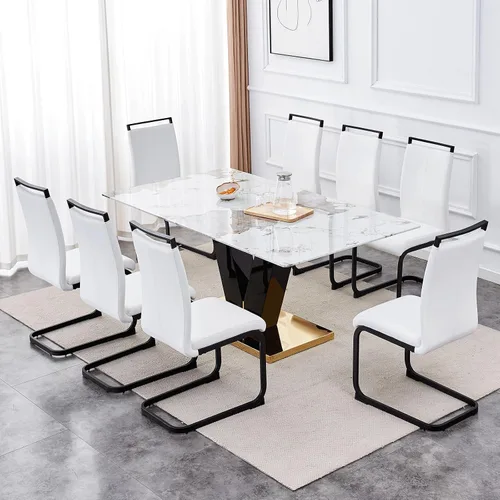 Vista 9 de gopop Juego de mesa de comedor para 8, moderno juego de mesa de comedor de mármol de 71 pulgadas, mesa rectangular grande de vidrio y 8 sillas