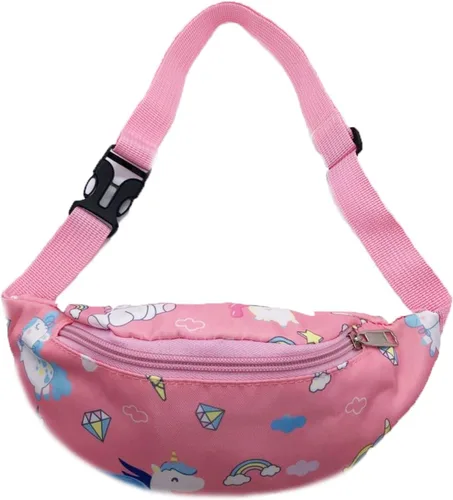 Vista 5 de Linda cangurera de dinosaurio para niños, riñonera pequeña con cinturón, bolso cruzado para la cintura para niños y niñas, Rosado, Riñonera