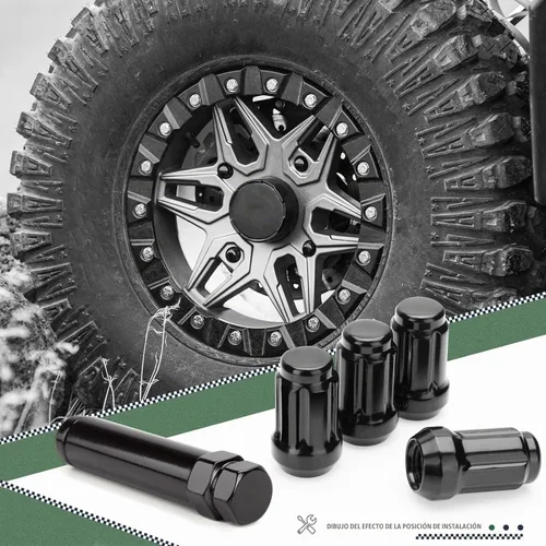 Vista 4 de Tuercas estriadas ATV M12x1.5, 16 tuercas de llanta de 12 x 1.5 pulgadas negras con 1 llave de enchufe, tuercas de bloqueo de extremo cerrado