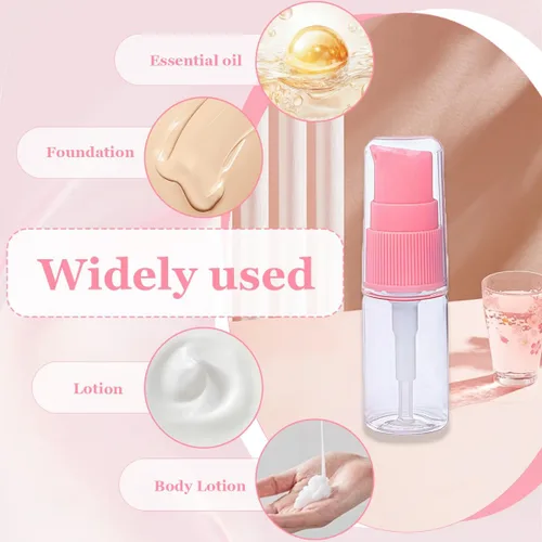 Vista 4 de Botella bomba de loción de plástico transparente de 0.3 onzas líquidas con cabezal de bomba de presión rosa, recipiente vacío para muestras