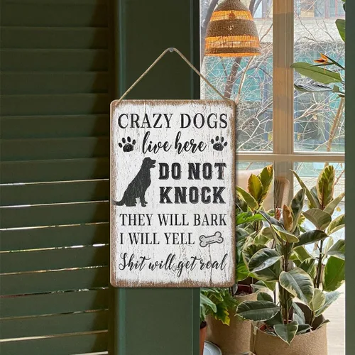Vista 4 de Letrero decorativo de madera, DOGSlivehere, 12 x 8 pulgadas, divertido letrero de puerta delantera para decoración del hogar, Crazy Dogs Live Here