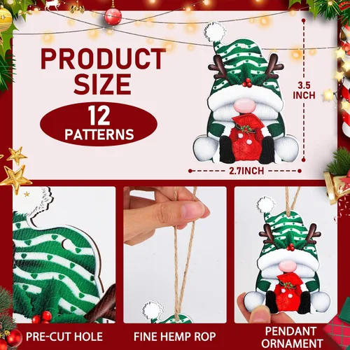 Vista 9 de 24 adornos de madera de gnomo de Navidad para colgar en el árbol de Navidad para suministros de fiesta de Navidad (Xmas-D)