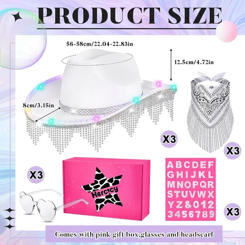 Vista 2 de Sombrero de vaquera con diamantes de imitación, sombrero de vaquero con flecos, sombrero occidental con purpurina para hombres y mujeres, disfraz