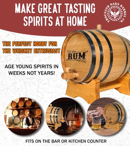 Vista 2 de Dispensador de barril de ron de roble americano de 1 litro con soporte de madera, bung y espita - Cócteles de edad, whisky bourbon, tequila