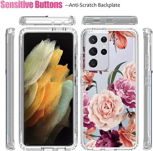 Vista 5 de Funda para Galaxy S21 Ultra 5G, SM-G998U con protector de pantalla de vidrio templado, cuerpo completo transparente con protección floral