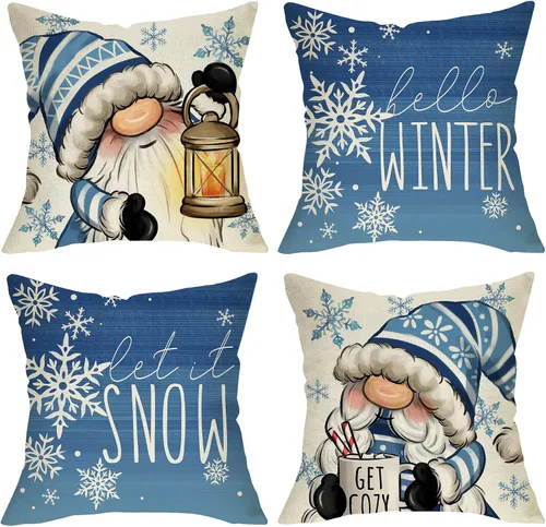Vista 8 de Juego de 4 fundas de almohada decorativas de árbol de pino de Navidad de 18 x 18 pulgadas, bolas de alegría de Navidad, copos de nieve dorados