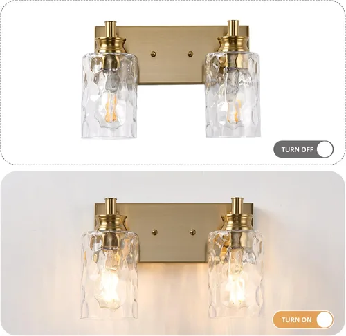 Vista 3 de Accesorios de lámpara de tocador de baño de 2 luces, moderna lámpara de baño dorada cepillada sobre espejo con pantalla de vidrio martillado