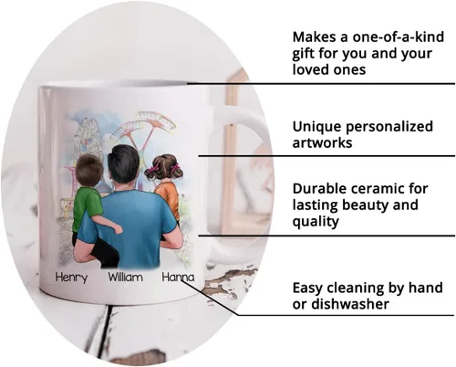 Vista 6 de Gossby Taza personalizada de café para papá, el mejor papá (2 niños en el hombro de papá), regalo personalizado de 11 onzas y 15 onzas para papá, 2
