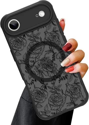 Vista 60 de OOK Funda magnética para iPhone 13 Pro Max [compatible con MagSafe] Funda delgada translúcida mate con flor silvestre negra, protección para lente