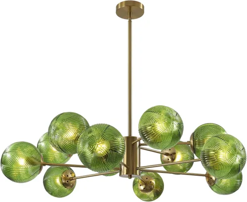 Vista 8 de KCO Lámpara colgante de techo de cristal verde de 6 luces con forma de globo moderno semiempotrado, lámpara de techo vintage de latón dorado Sputnik
