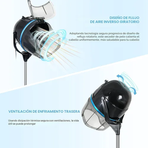 Vista 6 de Secador de pelo profesional de 1300W ajustable con capucha, de pie, base giratoria, con ruedas, para salón. Negro