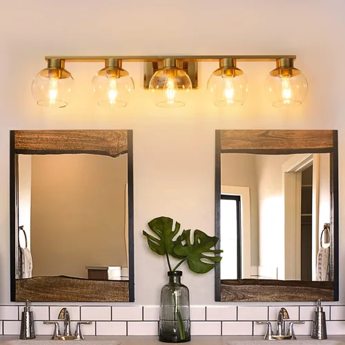Vista 23 de Juego de 2 apliques de baño de latón cepillado, juego de dos apliques de pared dorados, lámpara de tocador de baño con pantalla de vidrio